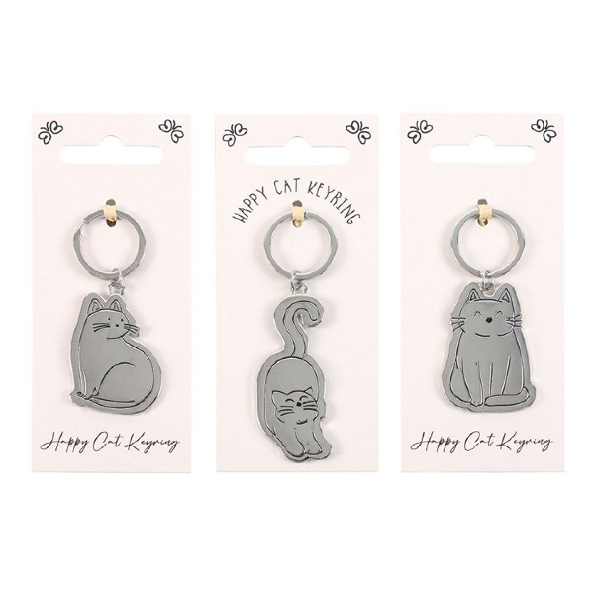 Set of 24 Happy Cat Keyrings on Display