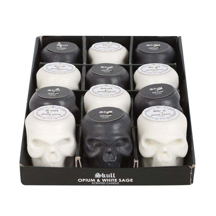 Set of 12 Opium & White Sage Skull Candles in Display