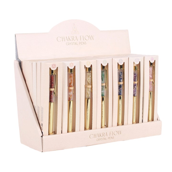 Set of 42 Chakra Crystal Chip Pens in Display