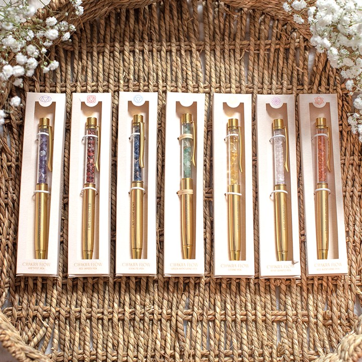 Set of 42 Chakra Crystal Chip Pens in Display