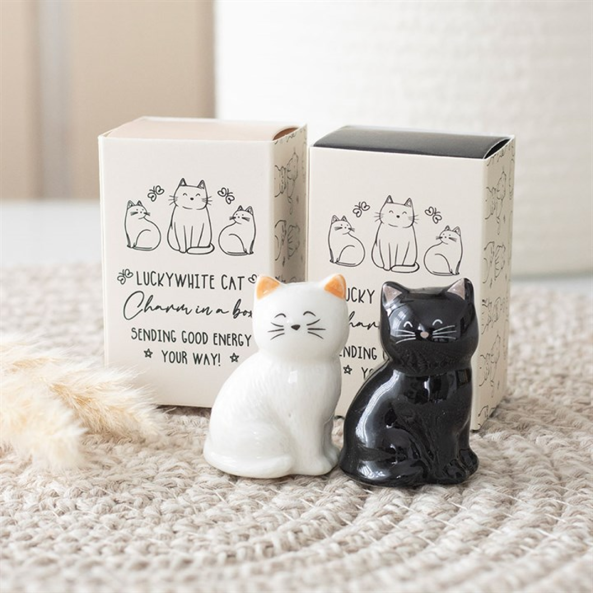 Set of 24 White & Black Lucky Cat Charms in a Box