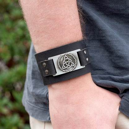 Black Celtic Triquetra Knot Leather Cuff Bracelet