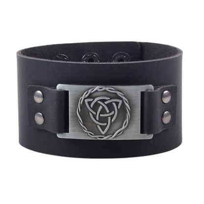 Black Celtic Triquetra Knot Leather Cuff Bracelet
