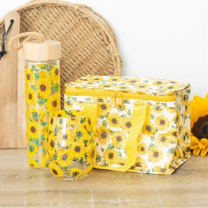 Sunflower Print Glass Water Bottle