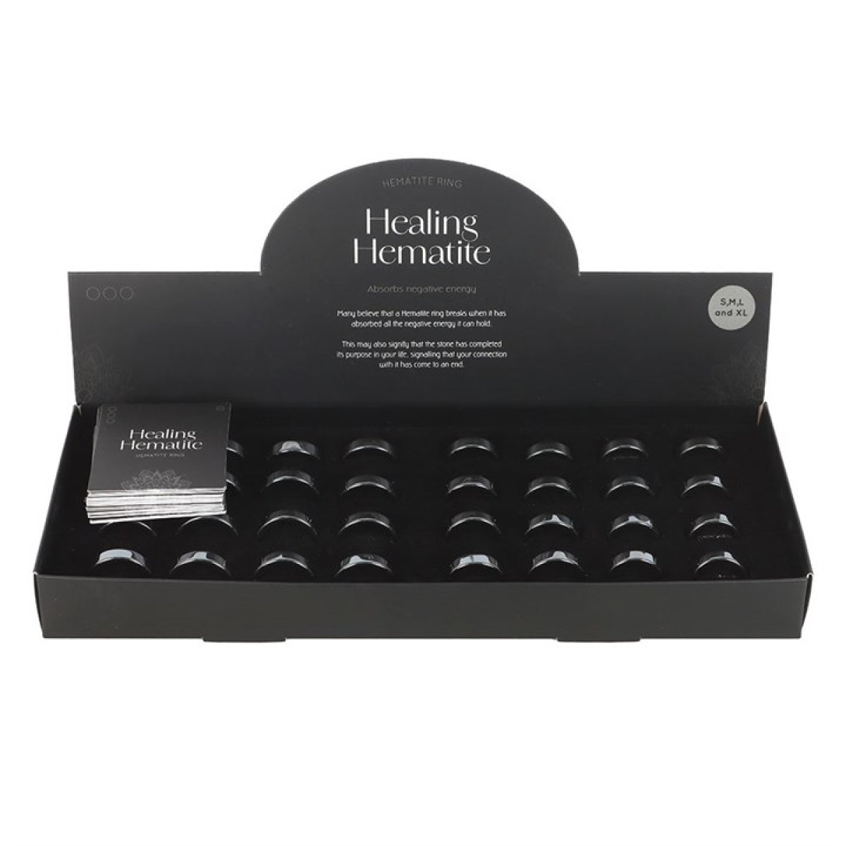 Set of 32 Healing Hematite Rings in Display
