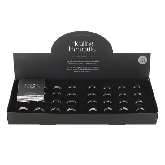 Set of 32 Healing Hematite Rings in Display