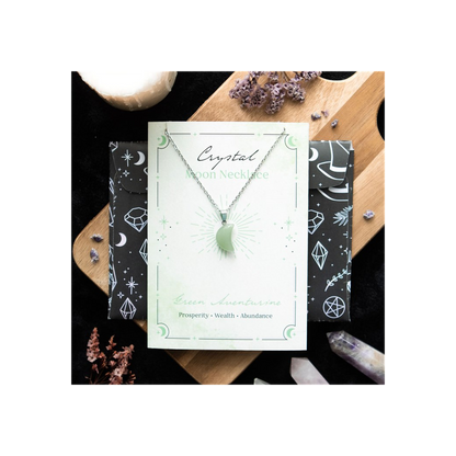 Green Aventurine Crystal Moon Necklace on Greeting Card