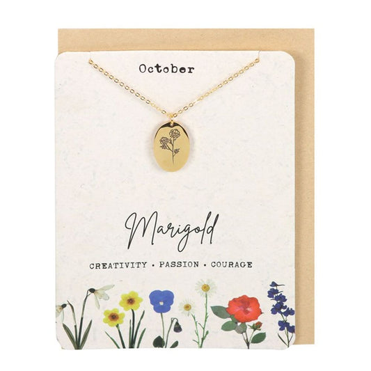 October Marigold Birth Flower Necklace Card