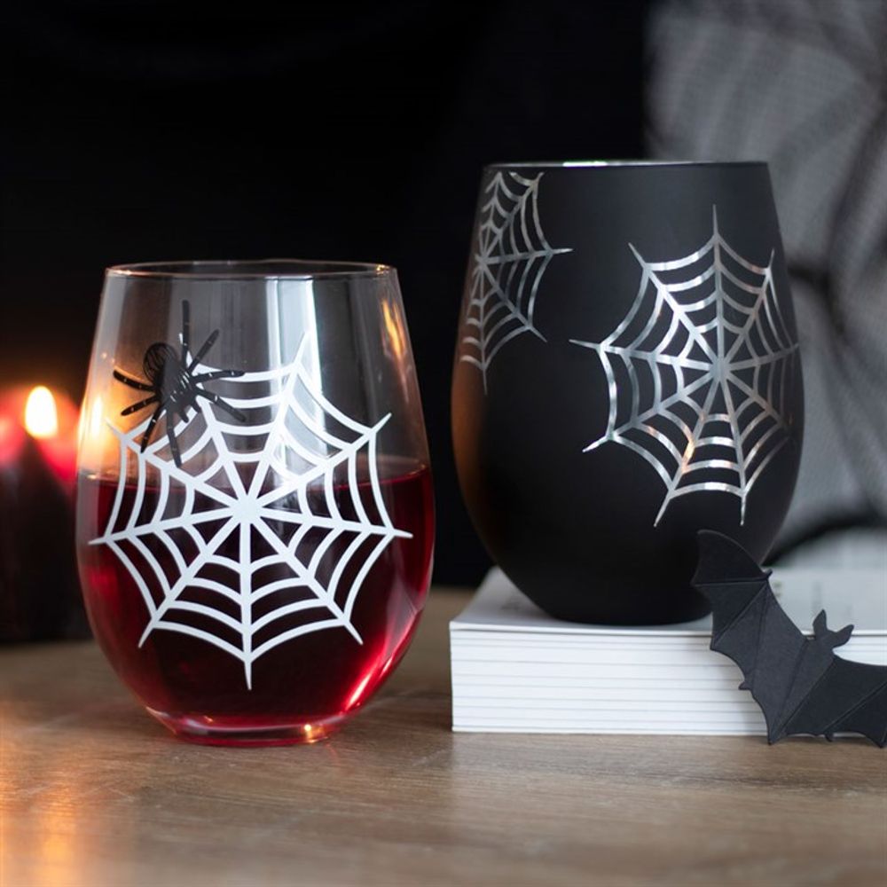 Set of 2 Spider and Web Stemless Wine Glasses