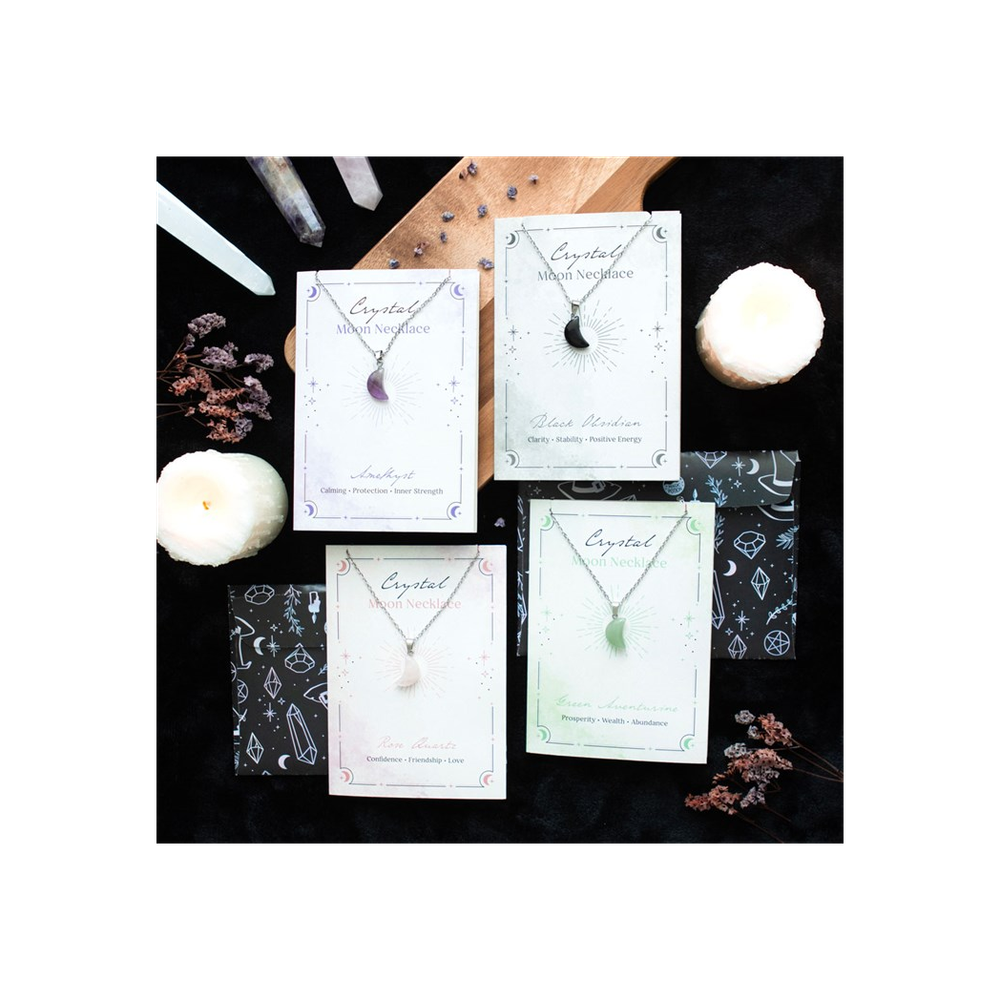 Green Aventurine Crystal Moon Necklace on Greeting Card